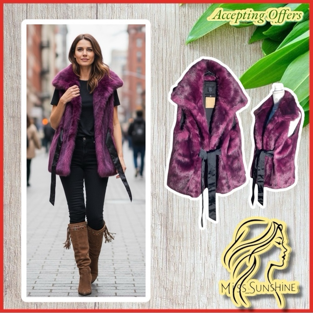 Steve Madden Plum Faux Fur Vest with Black Trim and pockets. New with tag!